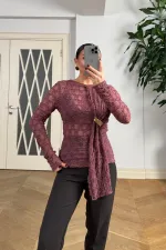 Transparan Uzun Kollu Şal Yaka Bluz