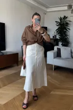 Keten Karışımlı Düğmeli Midi Etek