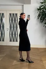 Kadife Dokulu Midi Gömlek Elbise