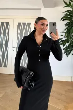 Fitilli Dik Yaka  Uzun Kollu Uzun Elbise