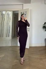 Asimetrik Yaka Dantel Midi Elbise