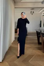 Yarasa Tek Kol Detaylı Uzun Elbise