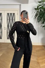 Transparan Uzun Kollu Şal Yaka Bluz