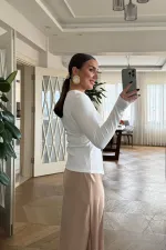 V Yaka Fitilli Uzun Kollu Bluz