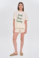 Oversize Baskılı Kısa Kollu Kadın Tişört %100 Pamuk