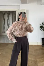 Desenli Şal Yaka Uzun Kollu Bluz