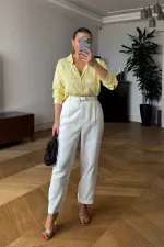 Pileli Keten Kadın Pantolon