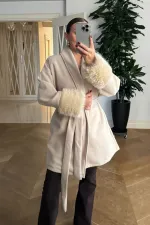 Şal Yaka Kuşaklı Kaşe Kadın Ceket