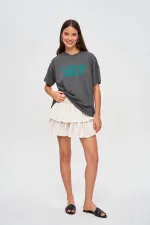 Oversize Bisiklet Yaka Baskılı Kadın Tişört