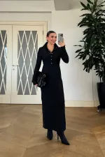 Fitilli Dik Yaka  Uzun Kollu Uzun Elbise