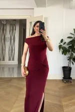 Düşük Omuz Düğüm Detaylı Uzun Elbise