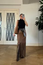 Suni Deri Püskül Detaylı Mini Etek