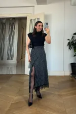 Dantel Detaylı Puantiyeli Midi Etek