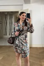 Kruvaze Bağlamalı Desenli Saten Midi Elbise