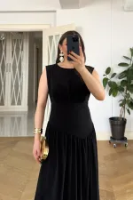 Büzgü Detaylı Sıfır Kol Uzun Elbise