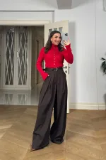 Pensli Kemerli Geniş Paça Kadın Pantolon