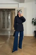 Kruvaze Kemerli Uzun Kollu Bluz