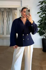 Kruvaze Yaka Gold Düğmeli Bluz