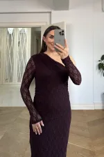 Asimetrik Yaka Dantel Midi Elbise