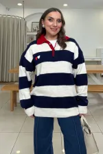 Polo Yaka Çizgili Triko Kadın Kazak