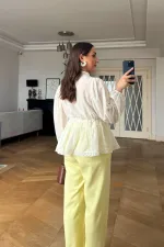 V-Neck Long-Sleeved Blouse with Crochet Detail