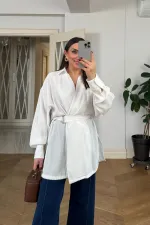 Kruvaze Kemerli Uzun Kollu Bluz