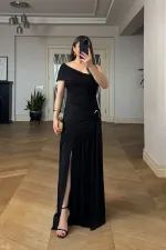 One-Shoulder Long Dress with Buckle Detail and Gathered Style One-Shoulder Long Dress with Buckle Detail and Gathered Style