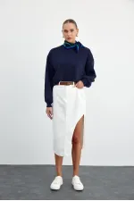 Asimetrik Yırtmaç Detaylı Midi Kot Etek