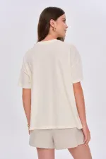 Oversize Bisiklet Yaka Baskılı Kadın Tişört