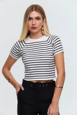 Bisiklet Yaka Kısa Kollu Çizgili Triko Bluz