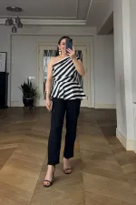 One-Shoulder Striped Satin Blouse