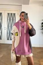 Blok Renkli Kapüşonlu Kadın Sweatshirt