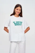 Oversize Bisiklet Yaka Baskılı Kadın Tişört