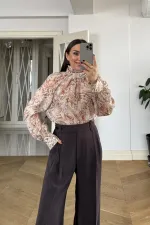 Desenli Şal Yaka Uzun Kollu Bluz