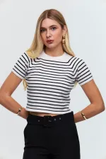 Bisiklet Yaka Kısa Kollu Çizgili Triko Bluz