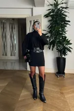 Yarasa Kol Kemerli Mini Elbise