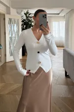 V Yaka Fitilli Uzun Kollu Bluz