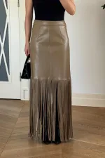 Suni Deri Püskül Detaylı Mini Etek