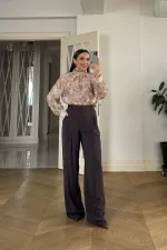 Desenli Şal Yaka Uzun Kollu Bluz