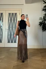 Suni Deri Püskül Detaylı Mini Etek