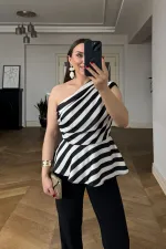 One-Shoulder Striped Satin Blouse