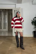 Polo Yaka Çizgili Triko Kadın Kazak