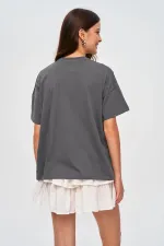 Oversize Bisiklet Yaka Baskılı Kadın Tişört