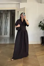Gömlek Yaka Drapeli Uzun Elbise