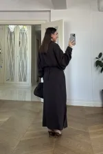 Kuşak Detaylı Uzun Kollu Gömlek Elbise