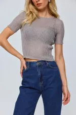 Bisiklet Yaka Trasparan Triko Bluz