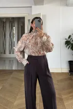 Desenli Şal Yaka Uzun Kollu Bluz