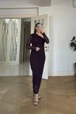 Asimetrik Yaka Dantel Midi Elbise