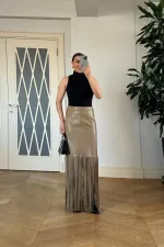 Suni Deri Püskül Detaylı Mini Etek