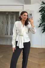 Kruvaze Yaka Uzun Kollu Bluz